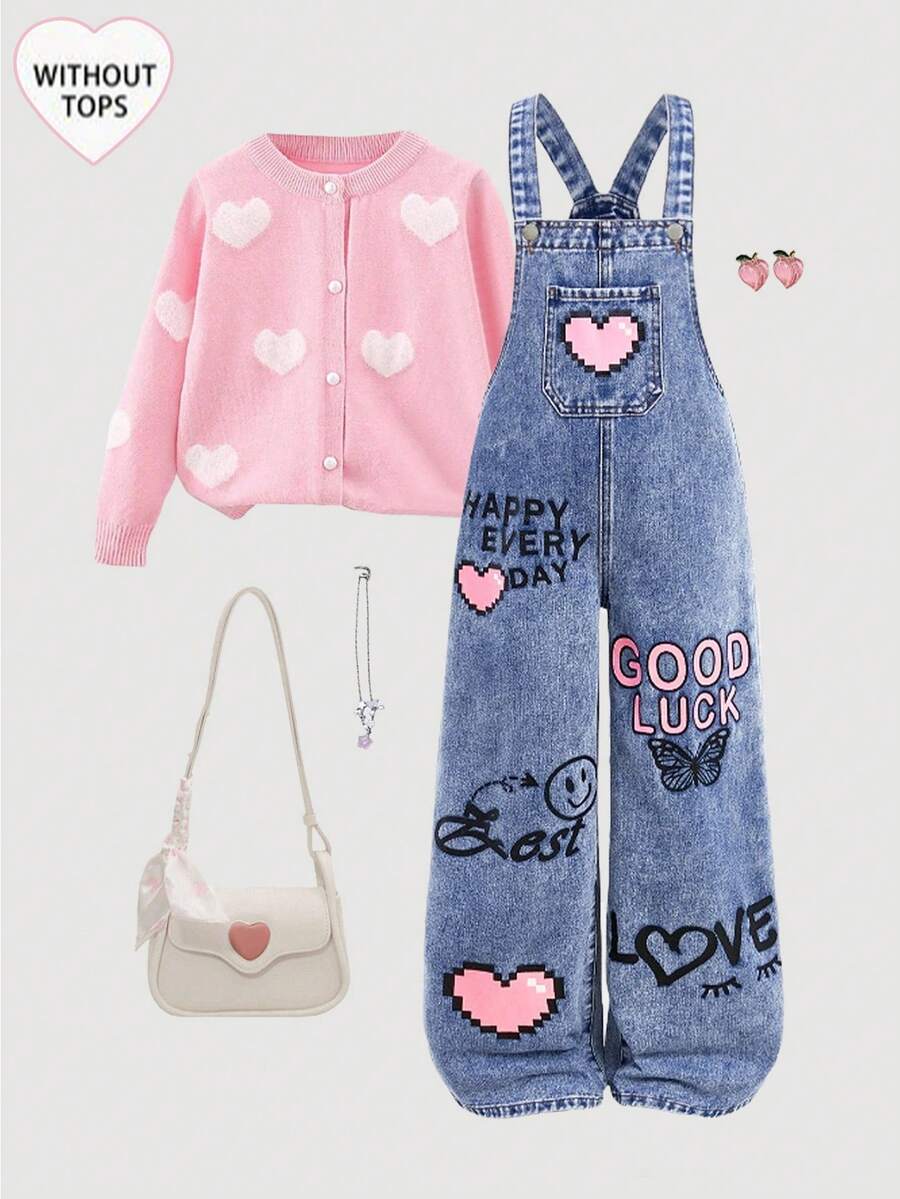 SHEIN Girlism 青少年女孩 Y2K 新款花卉心形彩虹涂鸦可爱印花时尚休闲柔软甜美牛仔连体裤（不含 T 恤）、女孩宽松直筒牛仔裤连体裤、女孩秋冬装、返校返校节街头服饰、女孩 Y2k 服装、女孩可爱套装、90 年代女孩服装、可爱服装 - 淺色水洗藍 - 查看 1