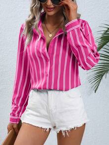 EMERY ROSE Camisa a rayas de manga larga de moda para mujer, Blusas de manga larga - Rosa Fucsia - Ver 3