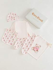 Cozy Pixies Minimalist Casual Bear Print Newborn Gift Set (Top + Pants + Hat + Storage Bag)