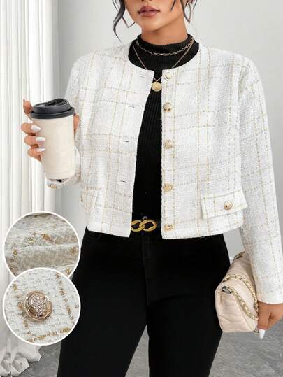 SHEIN Tall CURVE 大码女式格子长袖金属单排扣休闲大衣，秋冬