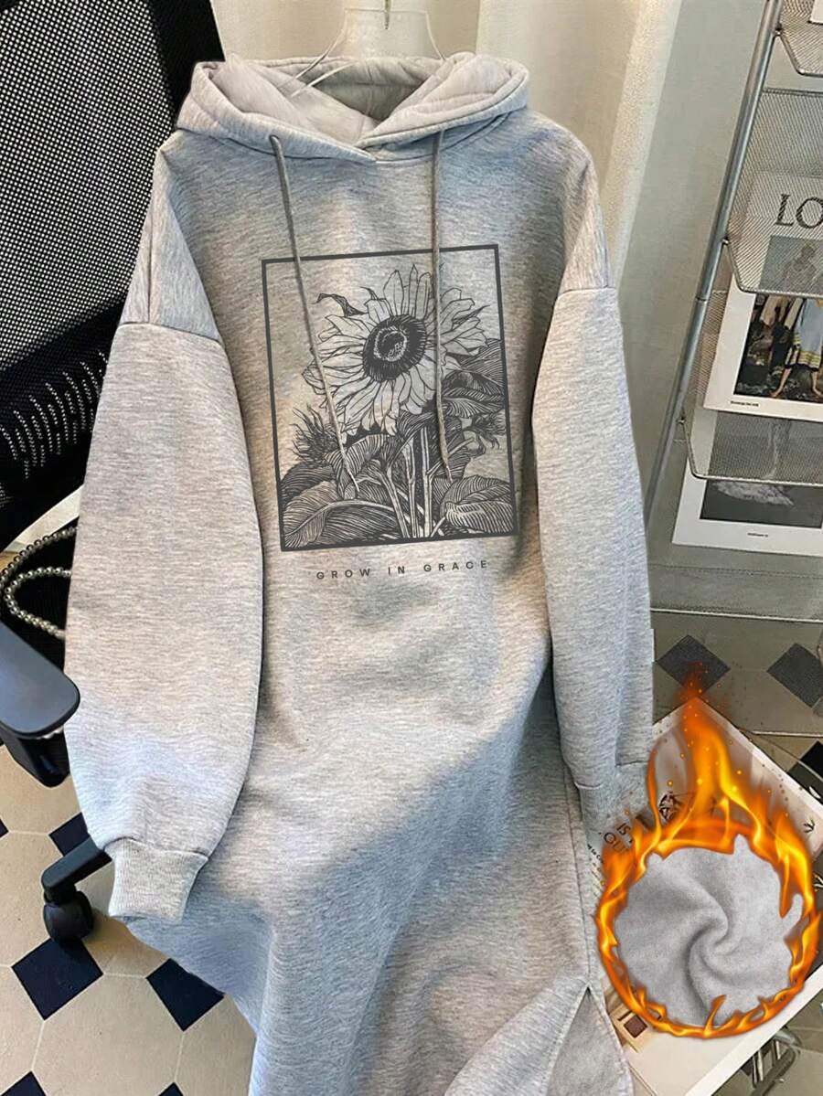 Resyla 女士羊毛连帽连衣裙，带抽绳，向日葵优雅成长字母图案，灰色长袖运动衫套装