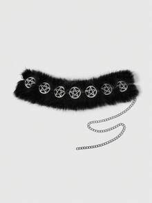 ROMWE Goth 1 件女士黑色镂空五角星装饰腰链，哥特式派对配饰，适合日常穿着、万圣节 - 銀色黑毛毛 - 查看 3