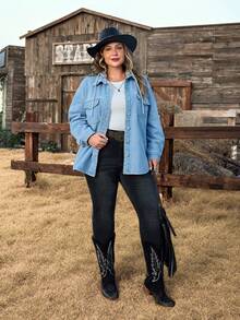 EMERY ROSE Chaqueta vaquera con capucha, de manga larga, con botones delanteros y forro térmico, de unicolor, para tallas grandes - Lavado ligero - Ver 4