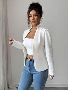 SHEIN Elenzya 女式白色条纹格子纹理针织面料立领长袖优雅套头衫，适合感恩节、万圣节、街头风格、秋冬 - 白色 - 查看 5