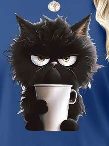 SHEIN LUNE T-shirt à manches longues pour femme, imprimé numérique, motif chat noir, décontracté, confortable, polyvalent et à la mode