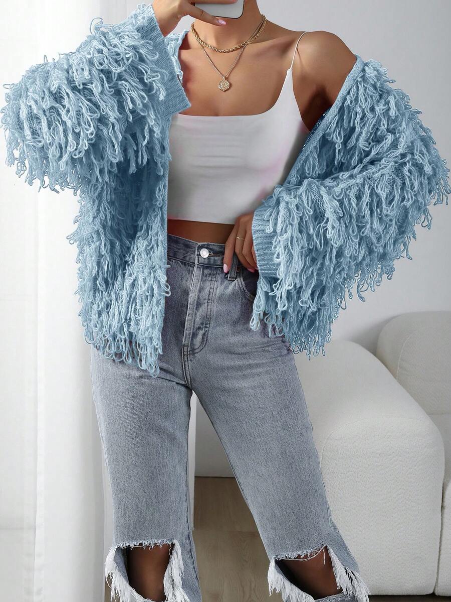 EMERY ROSE Áo khoác cardigan tua rua màu trơn đa năng thường ngày - Màu xanh nhạt - Xem 1