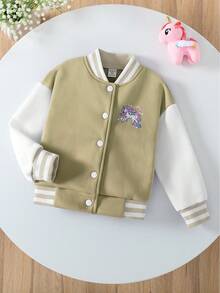 Elladie kids 适合年轻女孩的休闲时尚新款外套，适合返校季穿着。可爱独角兽图案印花，针织卫衣面料，卡其色搭配白色袖片，条纹罗纹袖口，长袖纽扣前襟飞行员夹克，适合可爱女孩，返校季、日常穿着、外出、聚会、假期、秋冬季穿着。 - 卡其色 - 查看 3