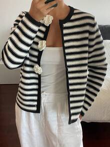 Livesso Women's Elegant Contrast Color Striped Pattern 3D Floral Decor Loose Cardigan, Autumn/Winter - Black and White - View 3