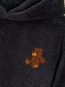 Manfinity Joysei 加大码男士刺绣泰迪熊徽章抓绒连帽衫，适合秋冬季节穿着，可作为朋友礼物，简约日常单品 - 黑色 - 查看 2