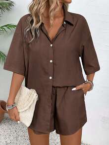 EMERY ROSE 2pcs Women's Solid Color Minimalist Daily Short Sleeve Shirt And Shorts Set,Ladies Casual Drawstring,Knot Short Sleeve Oversized Coffee Brown Drop Shoulder Shorts Women Two-Piece Outfits,Spring/Summer,Casual Daily Wear