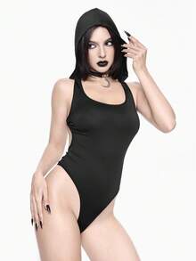 ROMWE Gothic Backless Triangular Milk Silk Hooded Sexy Jumpsuit