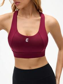 Eassivo Eassivo 女士字母印花交叉后背日常健身运动文胸 - 酒紅色 - 查看 3