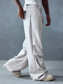 ROMWE MEN Casual 男士秋冬街头休闲褶皱阔腿宽松针织裤带口袋 - 灰色 - 查看 6