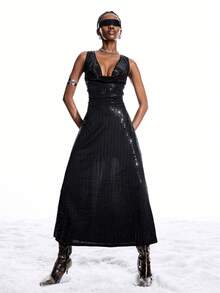 LYSMO Vestido mini elegante y sexy de mujer con escote pronunciado y espalda descubierta sin mangas de unicolor - Negro - Ver 7
