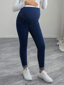 Momance Maternity High Waist Slim Fit Casual Jeans - Dark Wash - View 5