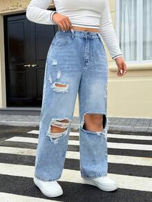 EMERY ROSE Plus Size Women Vacation Style Distressed Straight Leg Jeans - Light Wash - View 6