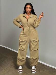 Slaydiva Combinaison grande taille, style urbain décontracté, pour festival de musique, Pâques, fête d'anniversaire, usage quotidien, polyvalente, couleur unie, poches cargo exagérées, manches longues, cordon de serrage à la taille, automne/hiver 2025 - Kaki