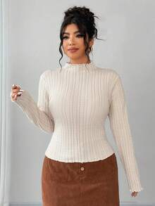 Dazy Plus Elastic Fitted Fashionable Solid Color Mock Neck Long Sleeve Cropped T-Shirt, Plus Size - Apricot - View 6