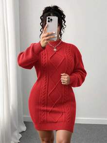 Elenzga Christmas Plus Size Solid Color Round Neck Drop Shoulder Long Sleeve Fitted Fashionable Knit Sweater Dress