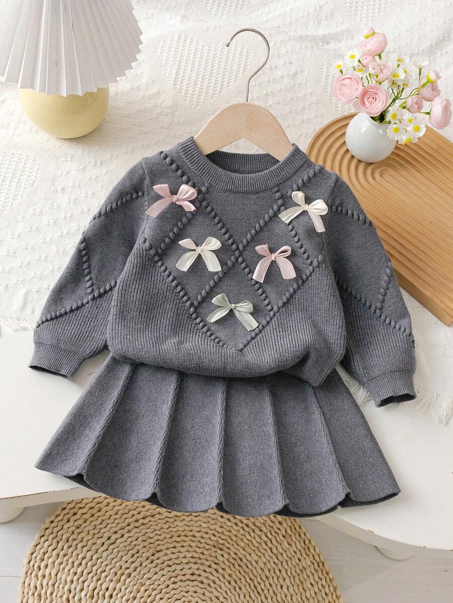 Souflis Souflis 6-9 Months Baby Girls Warm Outfit, Baby Girls Winter Warm Knitted 2 Pieces Set, Cute Bow Sweater And Pleated Skirt Set, Comfortable Soft And Skin-Friendly - Dark Grey - View 1