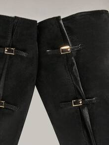 SHUZIA Women's Glamorous Pointy Toe Stiletto Heel Knee Buckled Straps Knee High Boots For Christmas