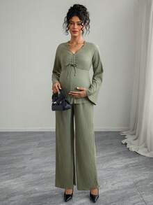 Momance 2 件套：系带前 V 领长袖上衣和阔腿裤，时尚 - 軍綠色 - 查看 4