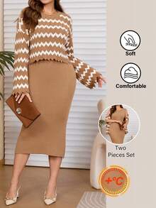 EMERY ROSE Plus Size Women Elegant Contrast Color Zigzag Pattern Flare Sleeve Pullover Sweater And Fitted Sweater Dress Set, Autumn/Winter 2 Piece Lounge Sets Women Knit Sets,Winter Dresses For Women,Women's Winter Sweater ,Elegant  Party Outfit Cozy Fall And Winter Clothes For Women New Year Look Maija Fall Winter 2025 Fall/Winter Party Elegant Dress Women Elegant Dress Women - Khaki - View 2