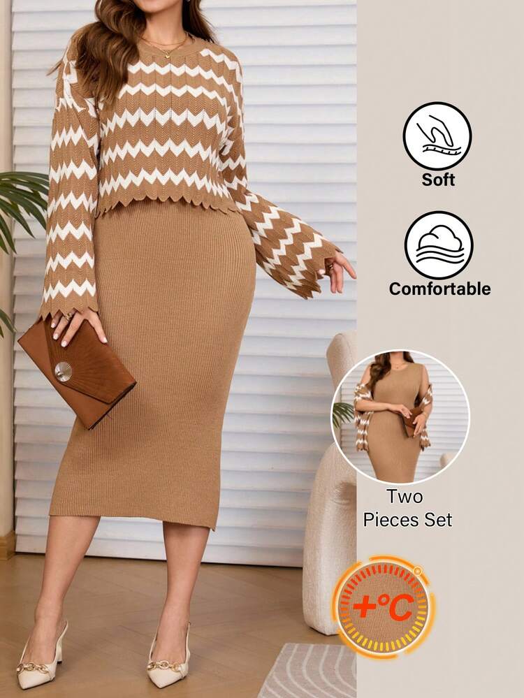 Plus Size Women Elegant Contrast Color Zigzag Pattern Flare Sleeve Pullover Sweater And Fitted Sweater Dress Set, Autumn/Winter 2 Piece Lounge Sets Women Knit Sets,Winter Dresses For Women,Women's Winter Sweater ,Elegant  Party Outfit Cozy Fall And Winter Clothes For Women New Year Look Maija Fall Winter 2025 Fall/Winter Party Elegant Dress Women Elegant Dress Women