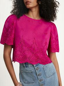 CAJUNI Women's Vacation Casual Water-Soluble Lace Hollow, Pink Shoulder Ruffle Cropped Top, Christmas - Hot Pink - View 5