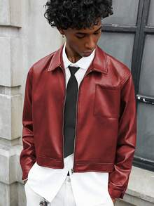 PAVTROS 男士时尚短款黑色皮质长袖夹克 红色皮质夹克 街头风短款男士夹克 皮质飞行员夹克 男士红色飞行员夹克 - 紅色 - 查看 3