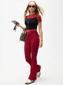 Eassivo Eassivo Pantalon de survêtement plissé à cordon de serrage de couleur unie décontracté pour femmes - Rouge foncé - Voir 6
