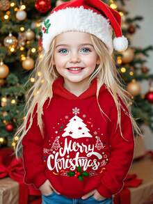 SHEIN 小女孩圣诞印花连帽长袖运动衫秋冬女孩衣服 - 酒紅色 - 查看 1