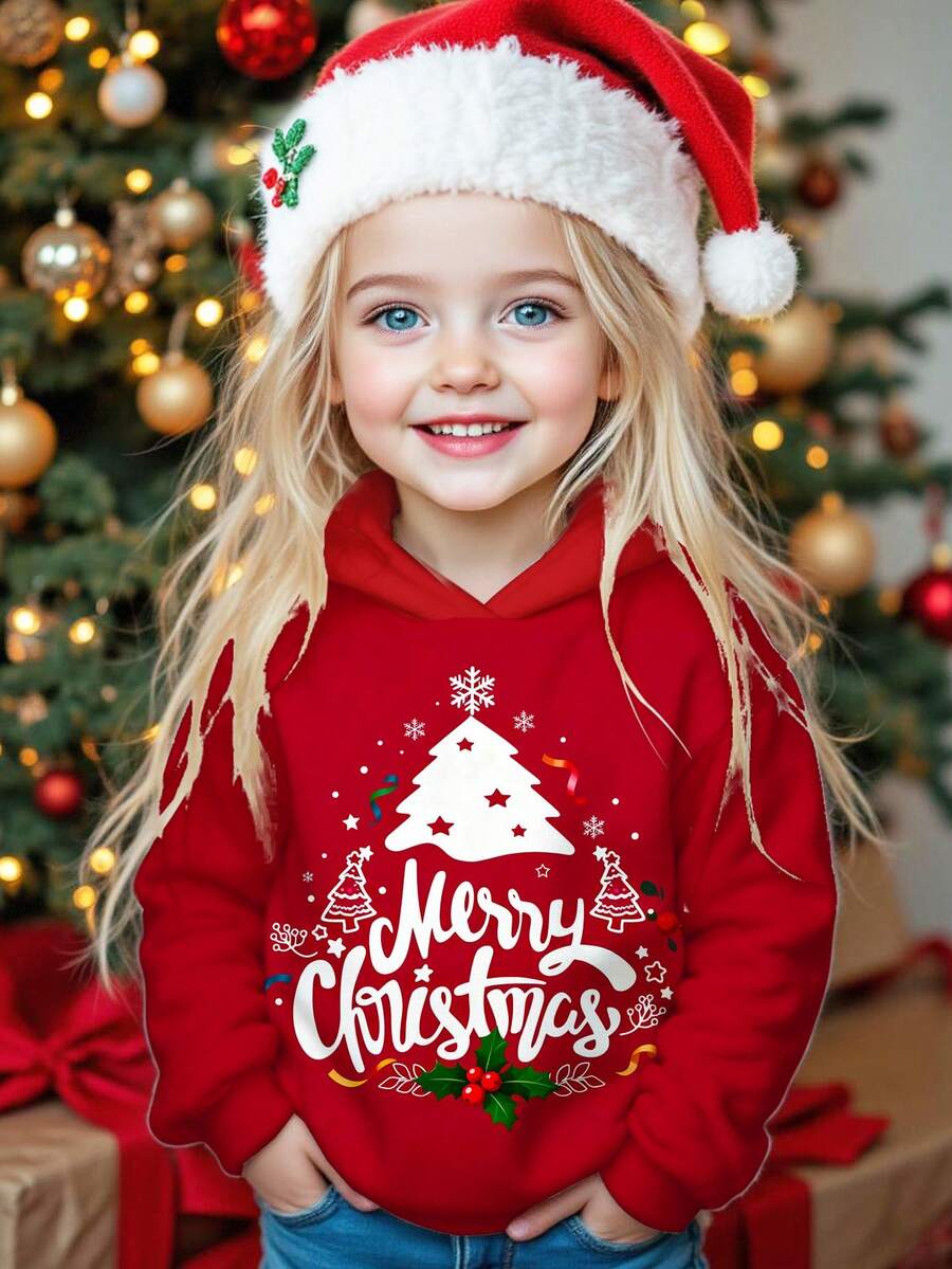 SHEIN 小女孩圣诞印花连帽长袖运动衫秋冬女孩衣服 - 酒紅色 - 查看 1