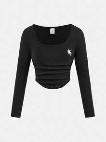SHEIN Tween Girls Back To School Sports Casual Solid Color Set, Long Sleeve Cropped T-Shirt With Ruched Details And Straight Leg Sweatpants, Autumn/Winter - Black - View 8