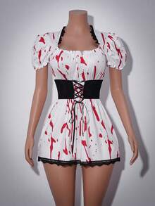 Spicy Aura Halloween Lace Patchwork Blood Drop Print Vampire Costume Dress - Multicolor - View 6