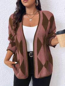 Plus Size Women Casual Colorblock Pattern Long Sleeve Cardigan - Multicolor - View 1