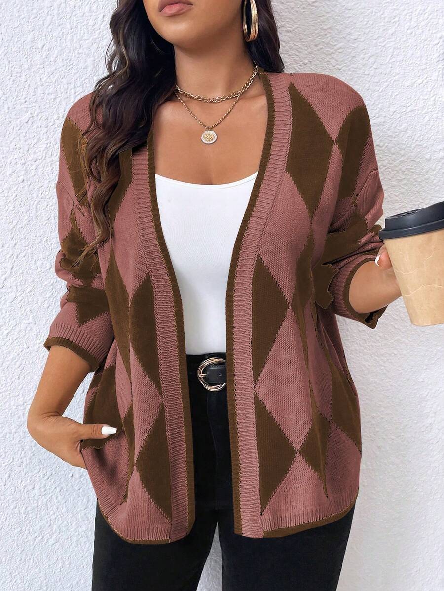 Plus Size Women Casual Colorblock Pattern Long Sleeve Cardigan - Multicolor - View 1