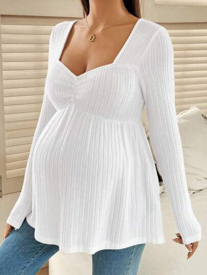 SHEIN Camiseta de manga larga casual de cuello redondo acanalada de unicolor para mujeres embarazadas