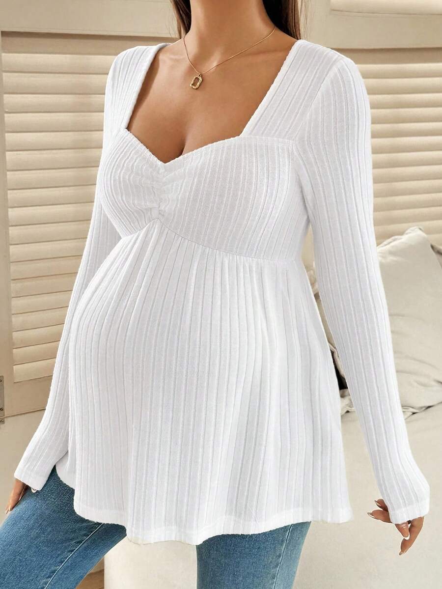 SHEIN Pregnant Women's Solid Color Ribbed Crew Neck Casual Long Sleeve T-Shirt