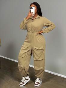 Slaydiva Combinaison grande taille, style urbain décontracté, pour festival de musique, Pâques, fête d'anniversaire, usage quotidien, polyvalente, couleur unie, poches cargo exagérées, manches longues, cordon de serrage à la taille, automne/hiver 2025 - Kaki