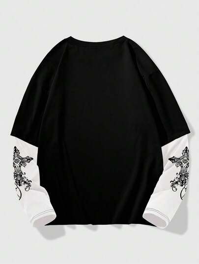 Grunge Punk Camiseta con estampado de cruz y letras para hombres, ideal para Halloween, la escuela, raves, otoño, estilo de los 2000