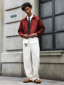 PAVTROS 男士时尚短款黑色皮质长袖夹克 红色皮质夹克 街头风短款男士夹克 皮质飞行员夹克 男士红色飞行员夹克 - 紅色 - 查看 4