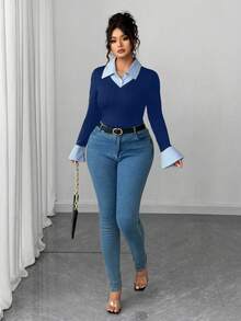 Elenzga Chemise rayée grande taille, T-shirt à manches longues