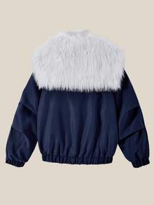 SHEIN 少女外套，藏蓝色长袖，正面刺绣，可拆卸人造毛领，美式学院风，时尚休闲百搭，适合秋冬季外出和居家穿着，可搭配牛仔裤、运动裤、连帽衫。 - 藏蓝色 - 查看 3