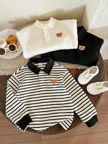 LMoss Kids 3 件套小男孩 Polo 领针织条纹小熊贴片休闲卫衣，秋冬 - 彩色 - 查看 5