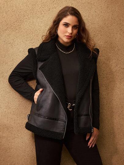 MOTF PREMIUM CHAQUETA SIN MANGAS CON RIBETE DE PIEL SINTÉTICA DE CONTRASTE, OTOÑO/INVIERNO, TALLA GRANDE