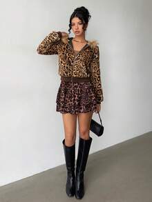 Jeanoix 豹纹拼布仿毛领性感皮草大衣 - 彩色 - 查看 5