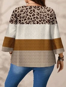 EMERY ROSE Camisa holgada de cuello redondo con estampado integral para mujer de talla grande, otoño/invierno - Caqui - Ver 4