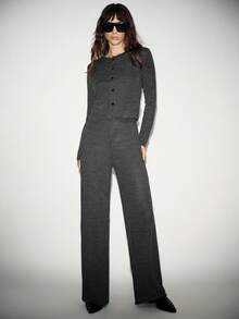 Lumivelle 舒适休闲短款开衫背心和长裤套装，适合通勤和户外活动，秋冬季女士裤装套装，女士长袖裤装套装，女士家居服套装，灰色裤装套装 - 深灰色 - 查看 3