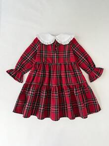 SHEIN 格子领宽松A字长袖连衣裙，圣诞格子连衣裙，姐妹裙 - 紅色 - 查看 5